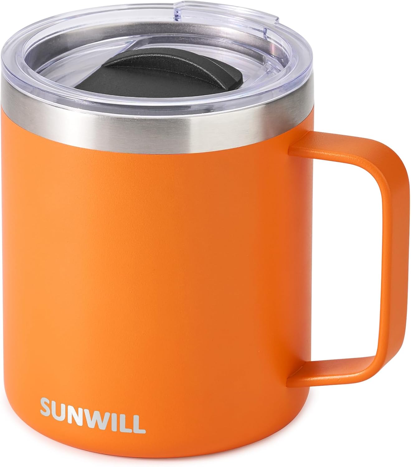 SUNWILL Insulated Coffee Mug with Lid, Travel Tumbler with Handle, 14 oz Stainless Steel Cup for Camping, Office, Home, Powder Coated Orange