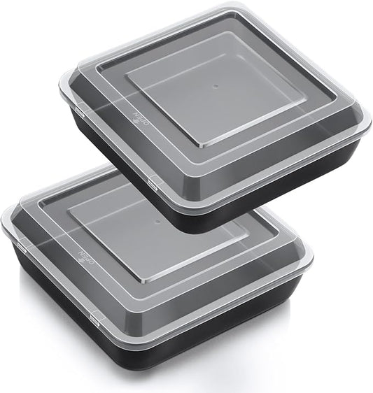TeamFar 8 Inch Cake Pan, Square Cake Baking Tin & Lid Set, Stainless Steel Core & Nonstick Coating, for Baking Roasting Serving, Healthy & Sturdy, Easy to Release & Clean (2 Pans + 2 Lids)