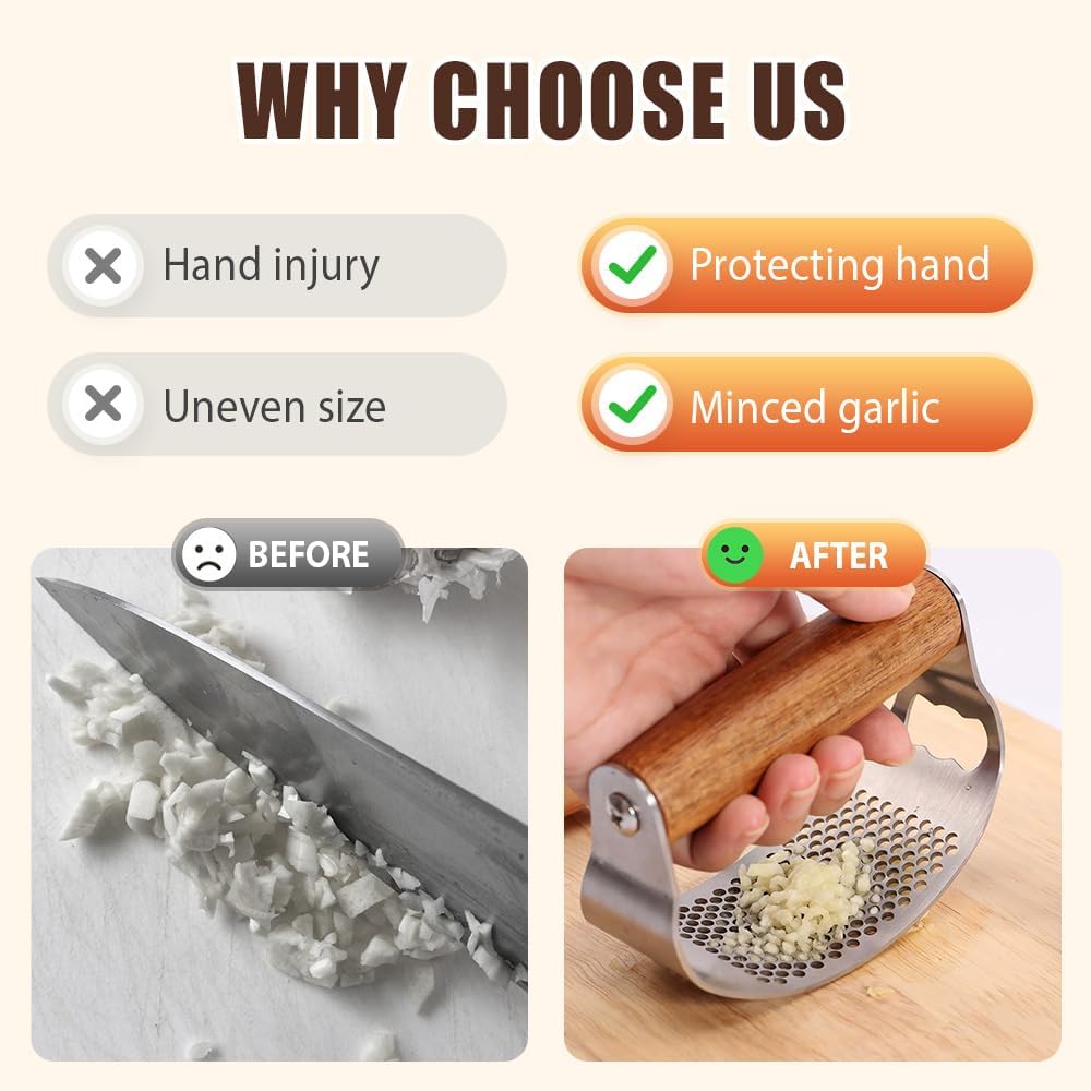 Stainless Steel Garlic Presser, Upgraded Garlic Press Rocker with Peeler and Cleaning Brush, Ergonomic Handle for Cooking Enthusiasts (2 pcs)