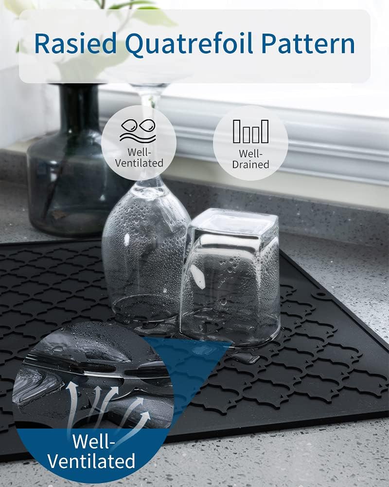 AMOAMI Dish Drying Mat,Heat-resistant,Easy Clean,Silicone Dish Drying Mats for kitchen Counter,Kitchen Gadgets Kitchen Accessories Kitchen Small Appliances (12" x 16", BLACK)