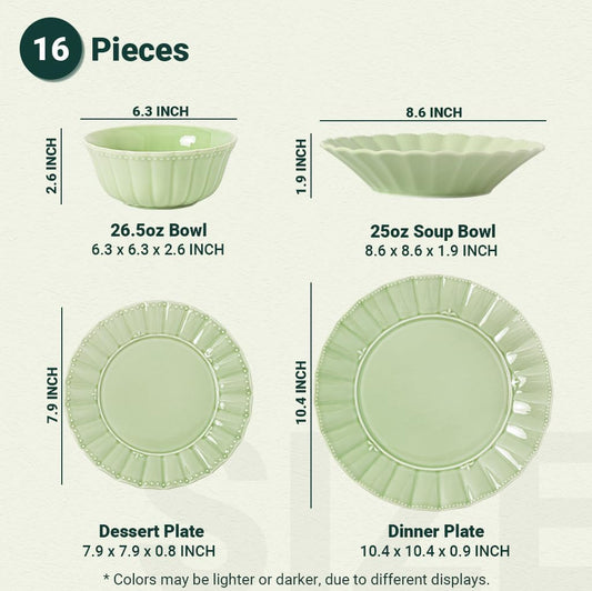 Dinnerware set, 16 Piece plates and bowls sets for 4, Ceramic Mordern dish set for party, Porcelain dish set, House gift, Microwavable safe, Mint Glow Green