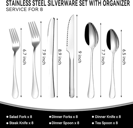 49-Piece Stainless Steel Silverware Set with Cutlery Organizer, Service for 8 with Steak Knives and Kitchen Utensils (49PCS Silverware with Tray)
