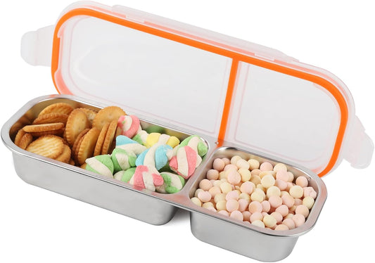 Stainless Steel Snack Containers with Lids, Double Compartment Leakproof Reusable Snack Box for Nuts, Fruits- Divided Grab & Go Container for School, Office, Travel