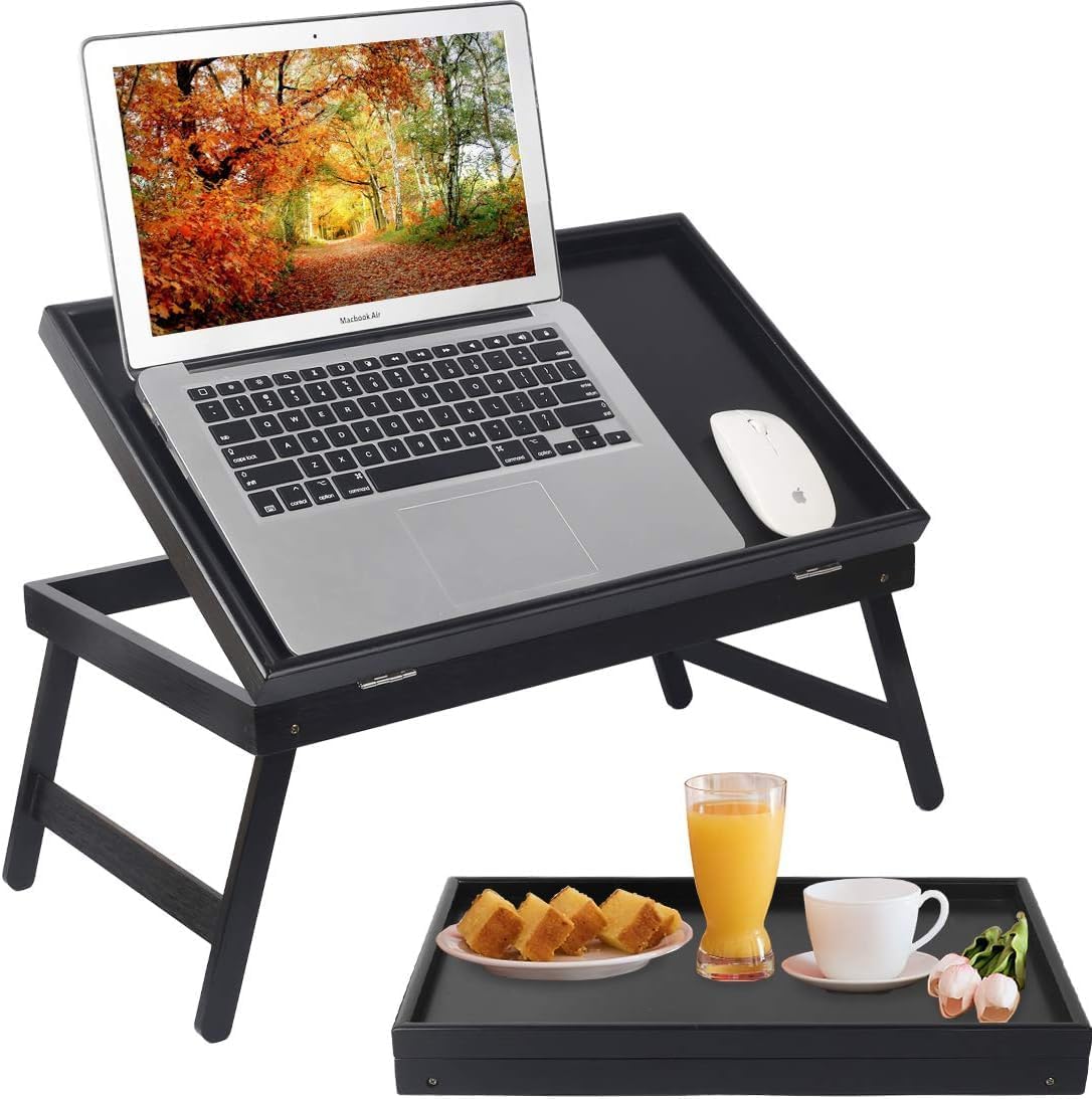 Artmeer Bed Tray Table Breakfast Food Tray with Folding Legs Kitchen Serving Tray for Lap Desks Notebook Computer Bed Platters TV Snack Tray, Adjustable (Black)