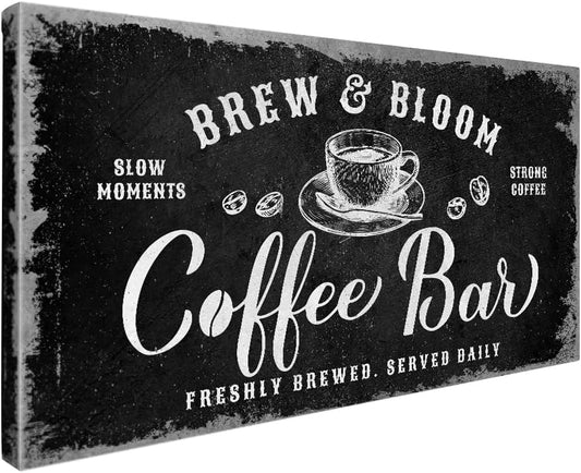 IPIC - Rustic Coffee Bar Sign Brew and Bloom, Canvas Print Wall Art for Coffee Station, Rustic Industrial Style Wall Decor for Home Kitchen and Cafe