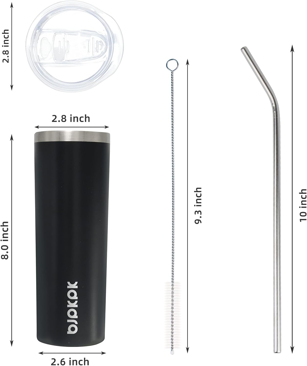 BJPKPK Black Skinny Stainless Steel Tumblers 20 oz Slim Insulated Reusable Coffee Travel Water Tumbler Cup With Lid