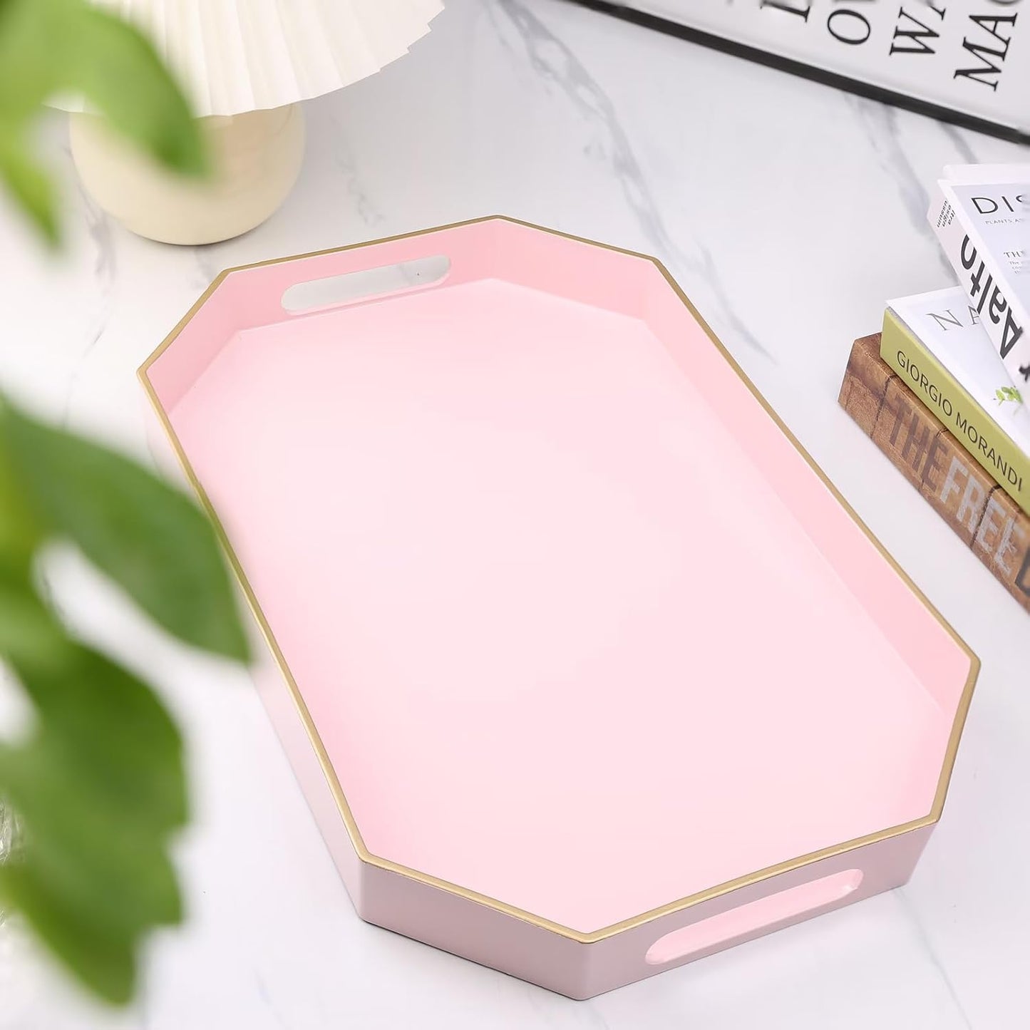 Pink Decorative Tray with Handles, Versatile Serving Tray for Coffee Table, Ottoman, Ideal for Serving, Displaying, Organizing, 15.7"*10.2"*1.57"