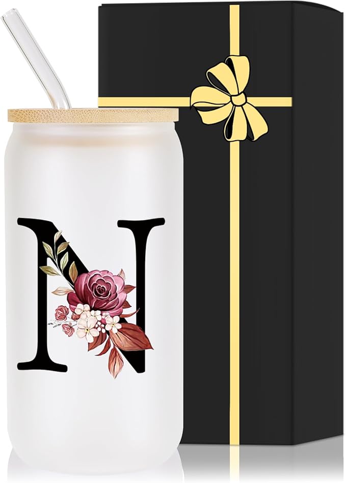 Monogrammed Glass Drinking Cup With Lid Straw Women Wife Gifts Anniversary Her 1 2 3 5 6 7 8 10 14 20 25 40 50 Year Cotton Copper Ivory Bronze Leather Iron Paper First 5th 6th 10th 25th 40th 50th 60,N