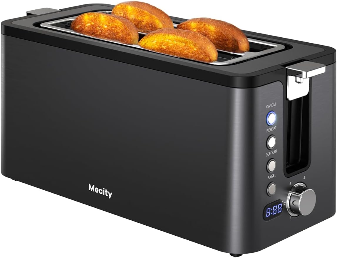 Mecity 4 Slice Toaster, Long Slot Toaster with Timer, Bagel, Defrost, Reheat, Cancel Functions, Warming Rack, Removable Tray, 6 Browning Settings, Extra Wide Slots, Stainless Steel, 1300W