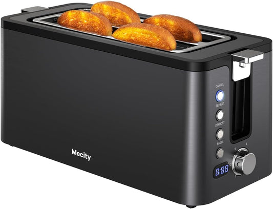 Mecity 4 Slice Toaster, Long Slot Toaster with Timer, Bagel, Defrost, Reheat, Cancel Functions, Warming Rack, Removable Tray, 6 Browning Settings, Extra Wide Slots, Stainless Steel, 1300W