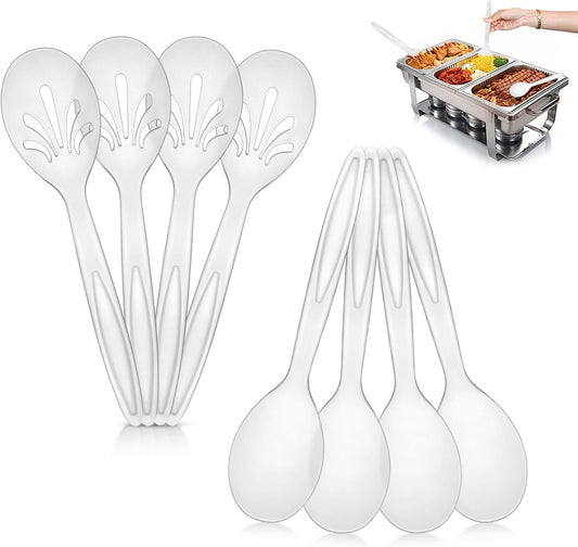 8 Pack 10" Large Reusable Plastic Serving Spoon Set, 4 Serving Spoons & 4 Slotted Spoons, Kitchen Mixing Serving Spoon for Buffet Chafing Dish Catering (Matte Clear, Not for Cooking)
