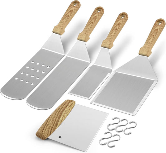 Metal Spatula Set of 5, HaSteeL Heavy Duty Griddle Accessories Kit, Durable Stainless Steel Burger Turner Flipper Scraper Tools for Flat Top Grill Teppanyaki Cast Iron, Indoor & Outdoor, Easy to Clean