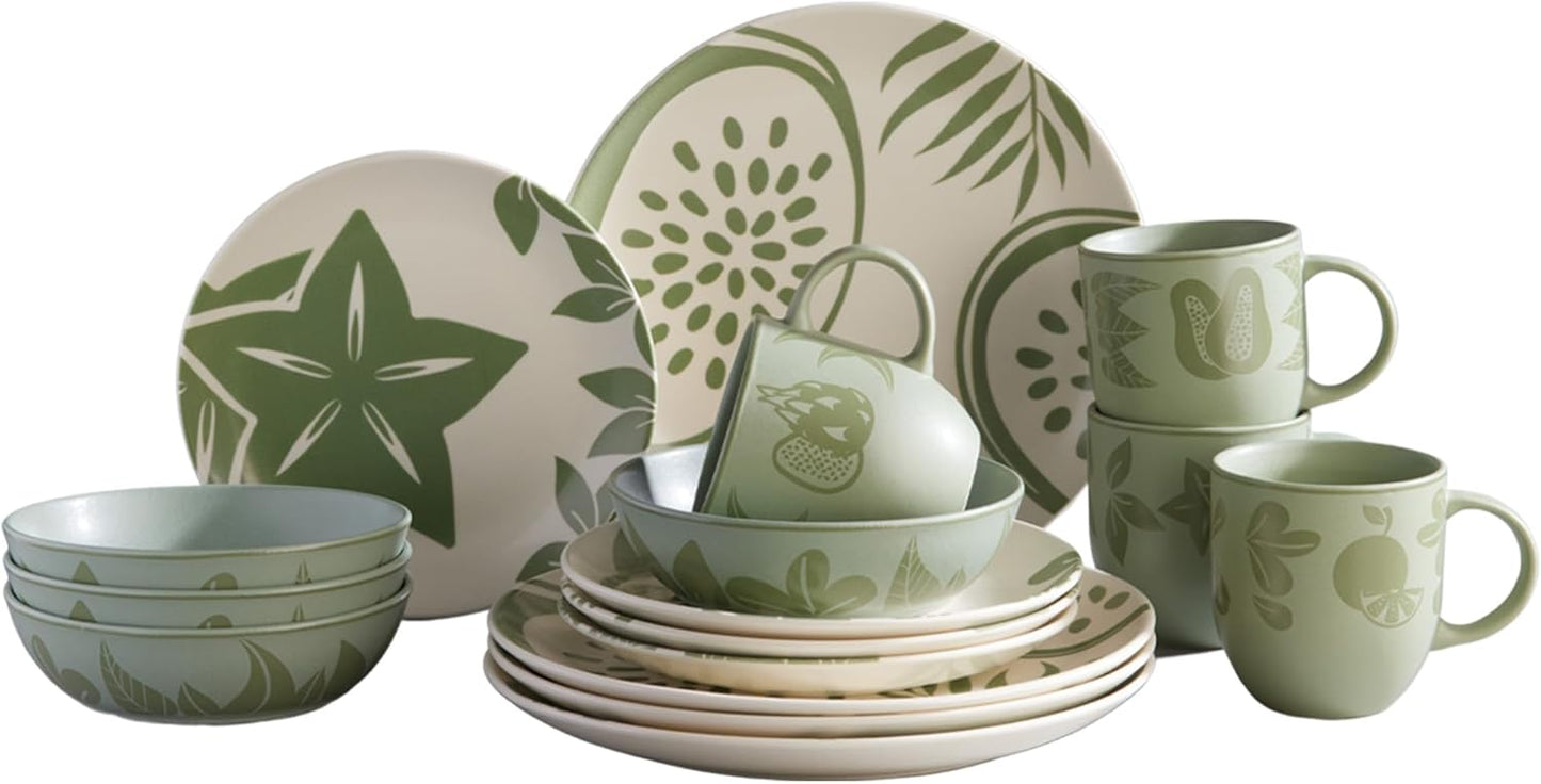 Corona 16–piece Green Tropical Fruit Design Ceramic Dinnerware Sets | Plates, Bowls and Mugs | Service For 4 | Frutto