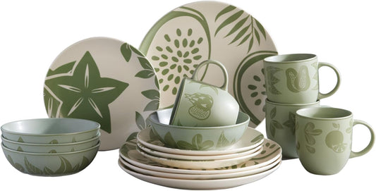 Corona 16–piece Green Tropical Fruit Design Ceramic Dinnerware Sets | Plates, Bowls and Mugs | Service For 4 | Frutto