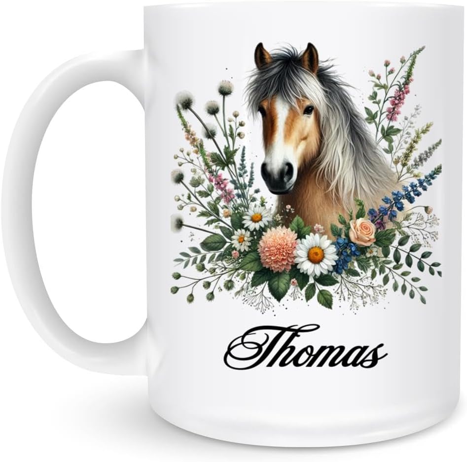 Horse Lover’s Custom Ceramic Mug 11oz 15oz - Personalized Name Animal Coffee Cup with Floral Horse Art - Unique Equestrian Coffee and Tea Cup