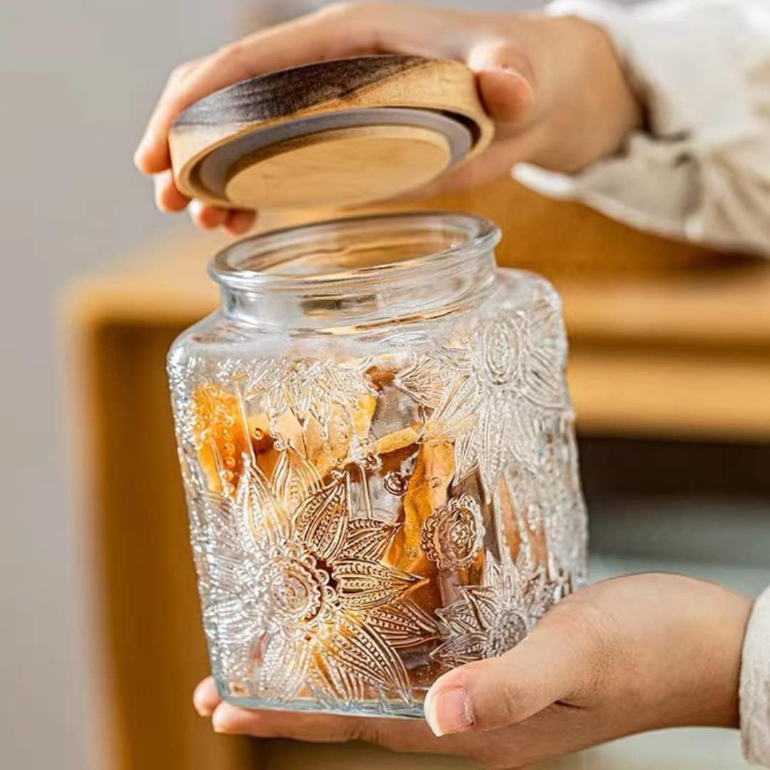 ANSQU Square Glass Jar with Lid – 25.4 oz Vintage Style Glass Food Storage Container for Kitchen Pantry, Candy, Sugar, Coffee, Cookies, Clear Kitchen Jar for Organization & Decor (Square Sunflower)