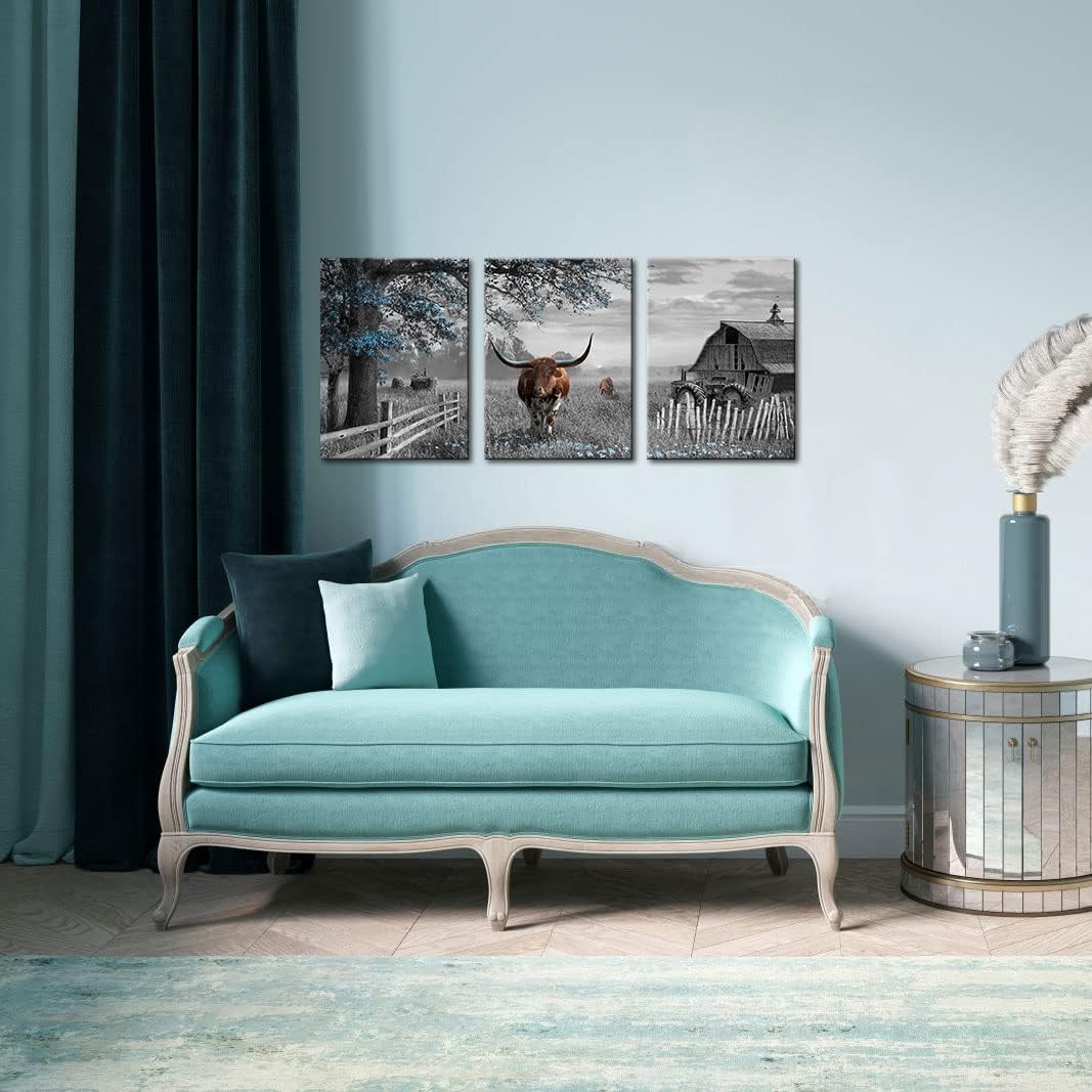 yiijeah Western Wall Decor - Rustic Blue Tree Brown Cow 3 Piece Wall Art - Farmhouse Black and White Picture Canvas Artwork for Walls - Field Scenery Wall Art