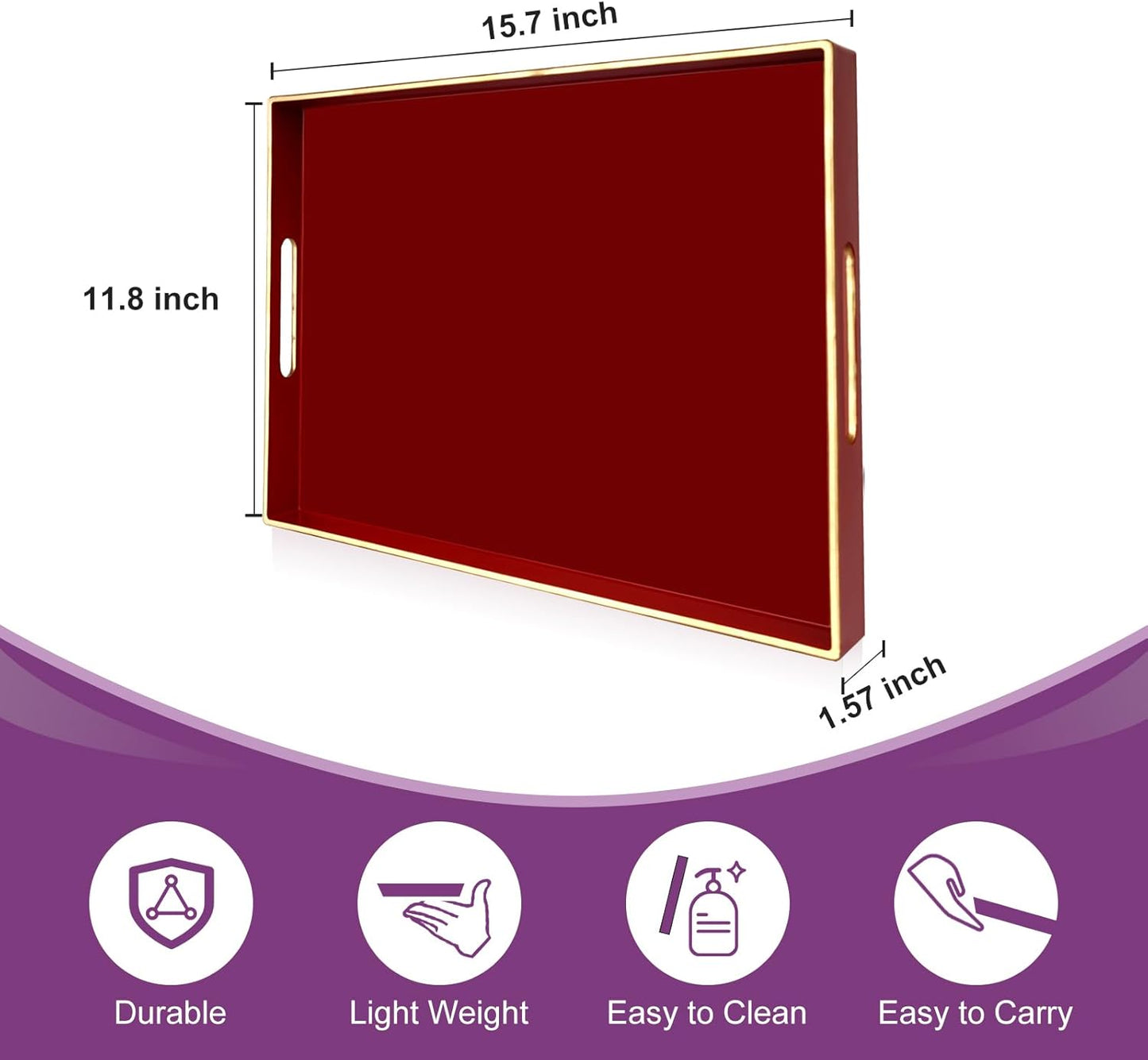 Gifturbo Red Large Serving Tray with Handles，Rectangular Plastic Elegant Decorative Coffee Table Tray for Ottoman, Living Room, Bathroom, Home Decor, Vanity Tray with Gold Trimming, 15.7” x 11.8”