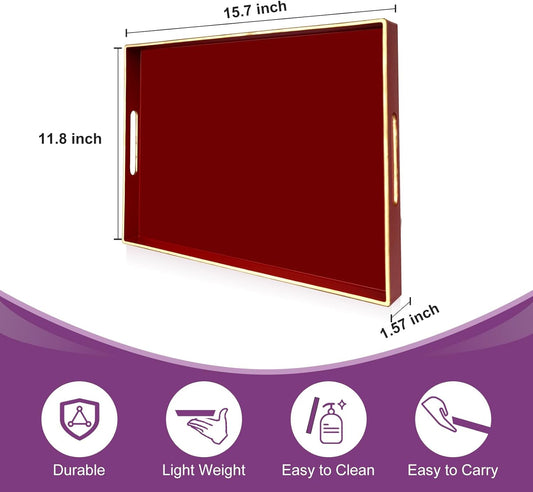 Gifturbo Red Large Serving Tray with Handles，Rectangular Plastic Elegant Decorative Coffee Table Tray for Ottoman, Living Room, Bathroom, Home Decor, Vanity Tray with Gold Trimming, 15.7” x 11.8”