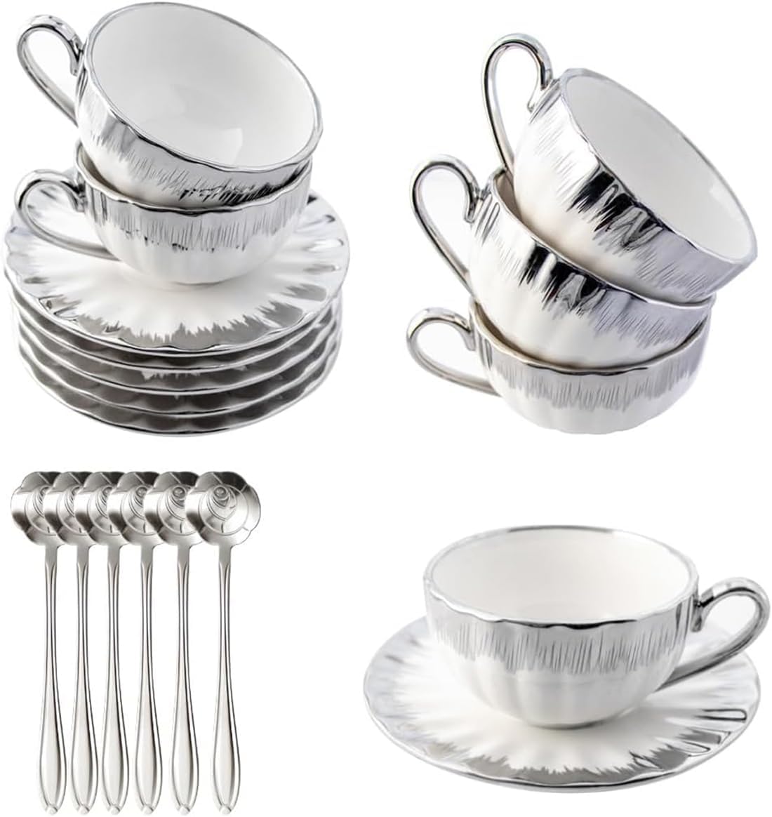 6 Teacups Tea Tray Spoon Set, 6oz with Galvanized Gold Rim and Gift Box, Ceramic White English Coffee Teacup (silver, Large)
