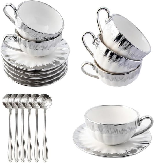 6 Teacups Tea Tray Spoon Set, 6oz with Galvanized Gold Rim and Gift Box, Ceramic White English Coffee Teacup (silver, Large)