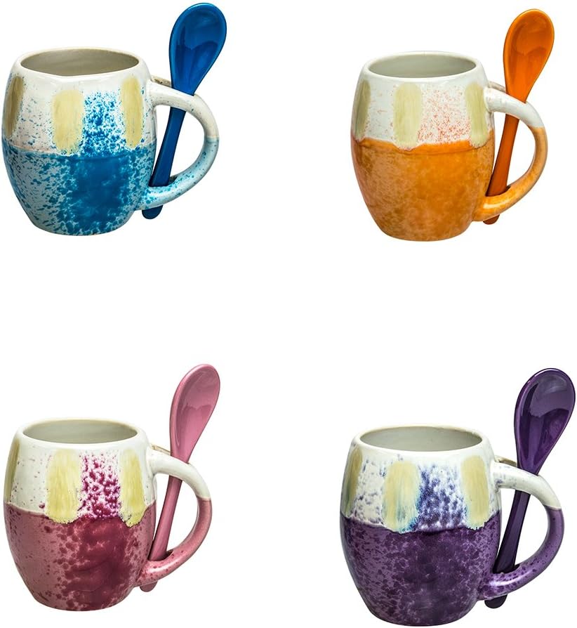Mug with Spoon - Ceramic Glazed Set of 4, 5 oz, Beautiful Coffee Cups, Dishwasher and Microwave Safe, Mini Espresso Cups, Unique Expresso Mugs with Handle