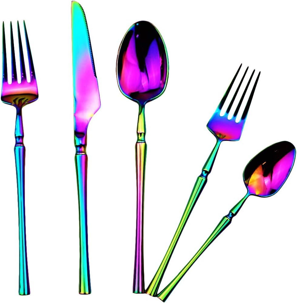 Gugrida Rainbow Silverware Set, 5-Piece 18/10 Stainless Steel Flatware Cutlery Set for 1,Mirror Finish, Ideal for Wedding Festival Party Home Kitchen, Dishwasher Safe