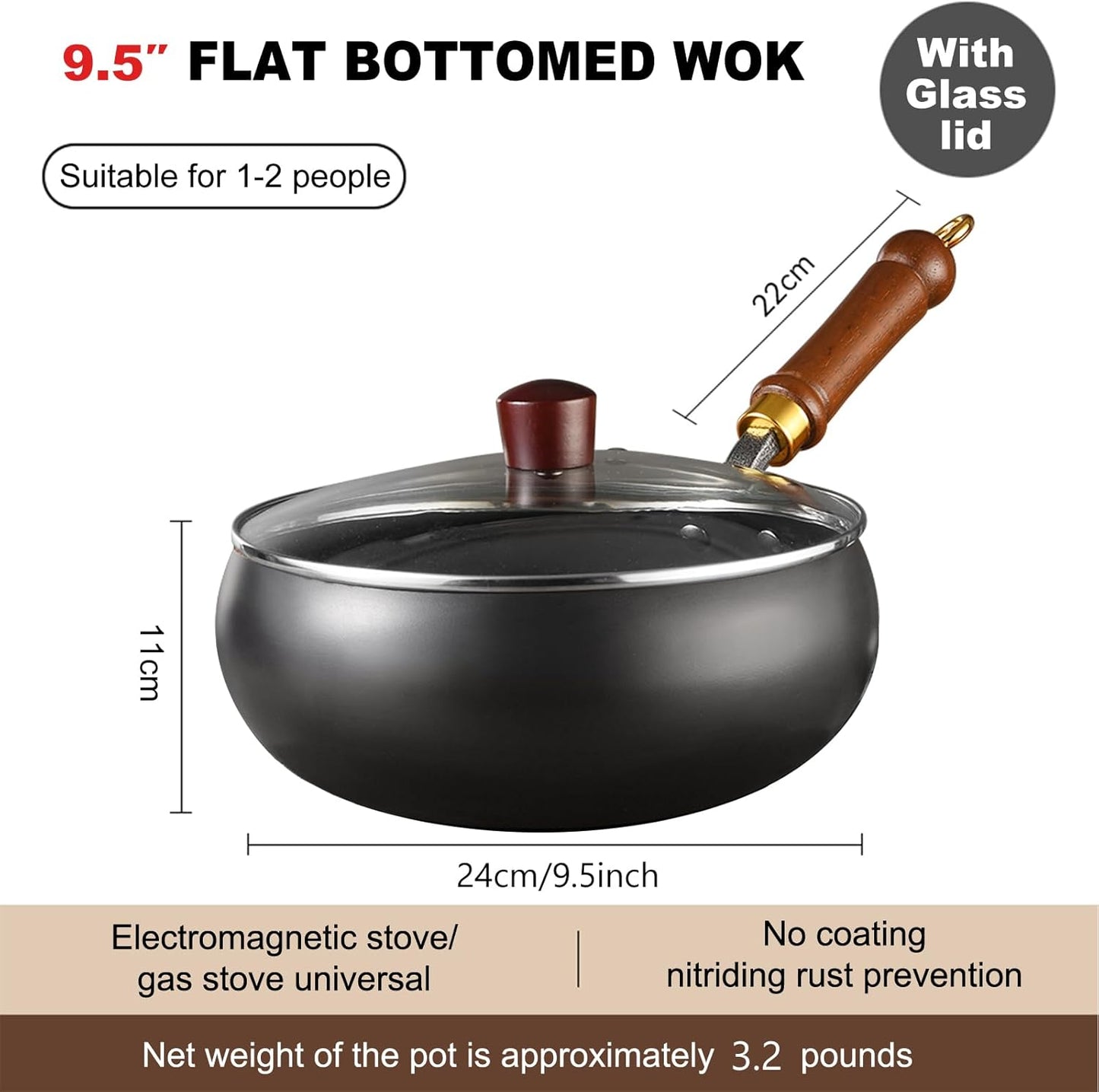 Carbon Steel Wok Pan, 9.5" Woks & Stir-Fry Pans with Glass Lid Cookwares, Nonstick Wok Flat Bottom Small Handmade Chinese Wok For for All Stoves