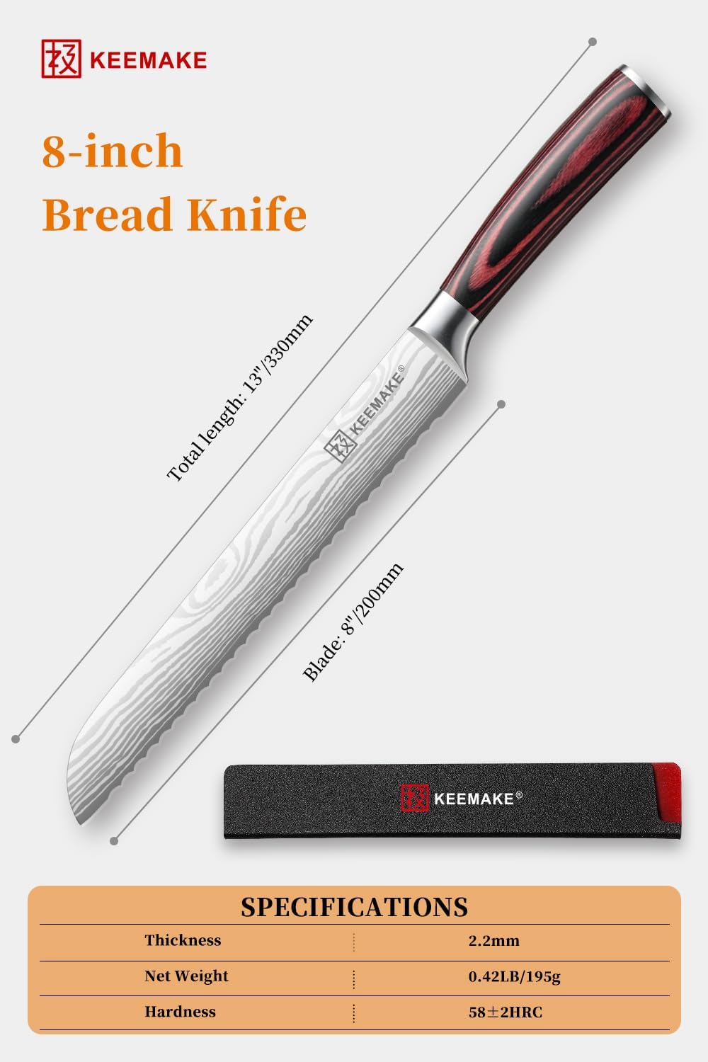 KEEMAKE Serrated Bread Knife 8-inch Ultra Sharp High Carbon Stainless Steel Bread Slicer Knife for Homemade Breads Sourdough Bagels Cakes and Soft Produce - Ergonomic Pakkawood Handle, w/Sheath