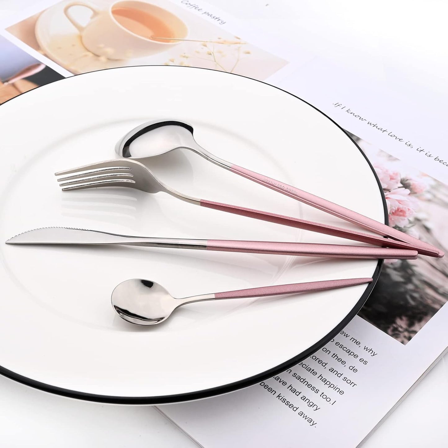 Mirror Cutlery Serving Set, 24-piece 18/0 Stainless Steel Silverware With Pink Handle Simple & Modern Tableware For Home Party Restaurant Christmas Dinner, Service For 6 (Pink Silver)