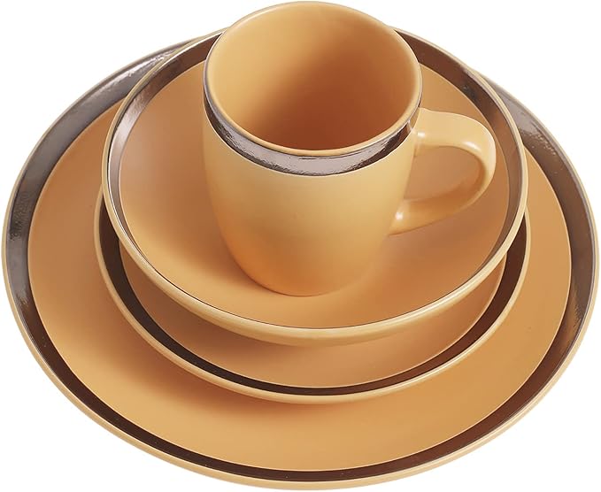 Bestone 16 Piece Round Kitchen Dinnerware Sets,Plates and Bowls sets,Dishes, Plates, Bowls, Mugs, Dish Set，Plates and Bowls,Service for 4, Stoneware (round, green and gold rim)