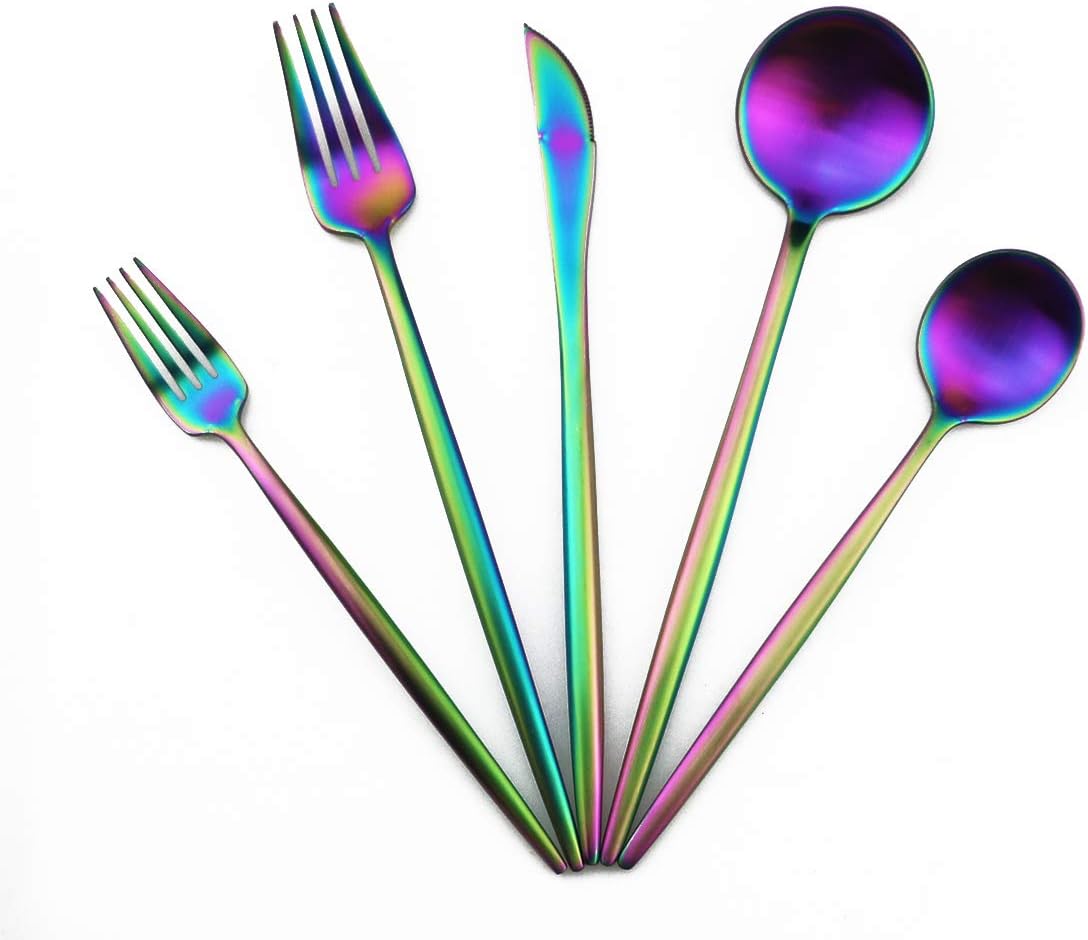 Gugrida 20-Piece 18/10 Stainless Steel Flatware Silverware, Luxury Dinnerware Set Travel Cutlery Tableware Include Knife Fork Spoon Service for 4,Healthy & Eco-Friendly Dishwasher Safe (Rainbow Matte)