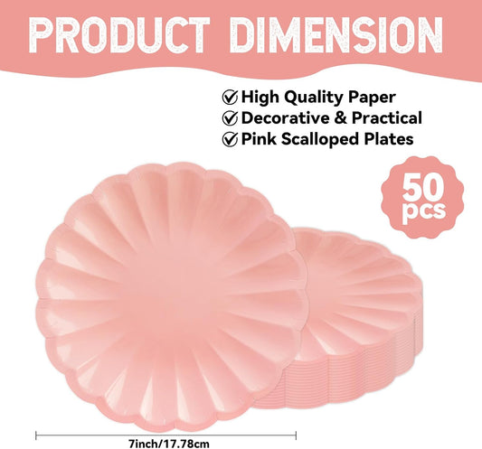 50Pcs Large Scalloped Light Pink Paper Plates 7Inch Shell Edge Dessert Plates for Cake Salad Fruit Disposable Dessert Serving Plates for Birthday Wedding Baby Shower Party Decorations