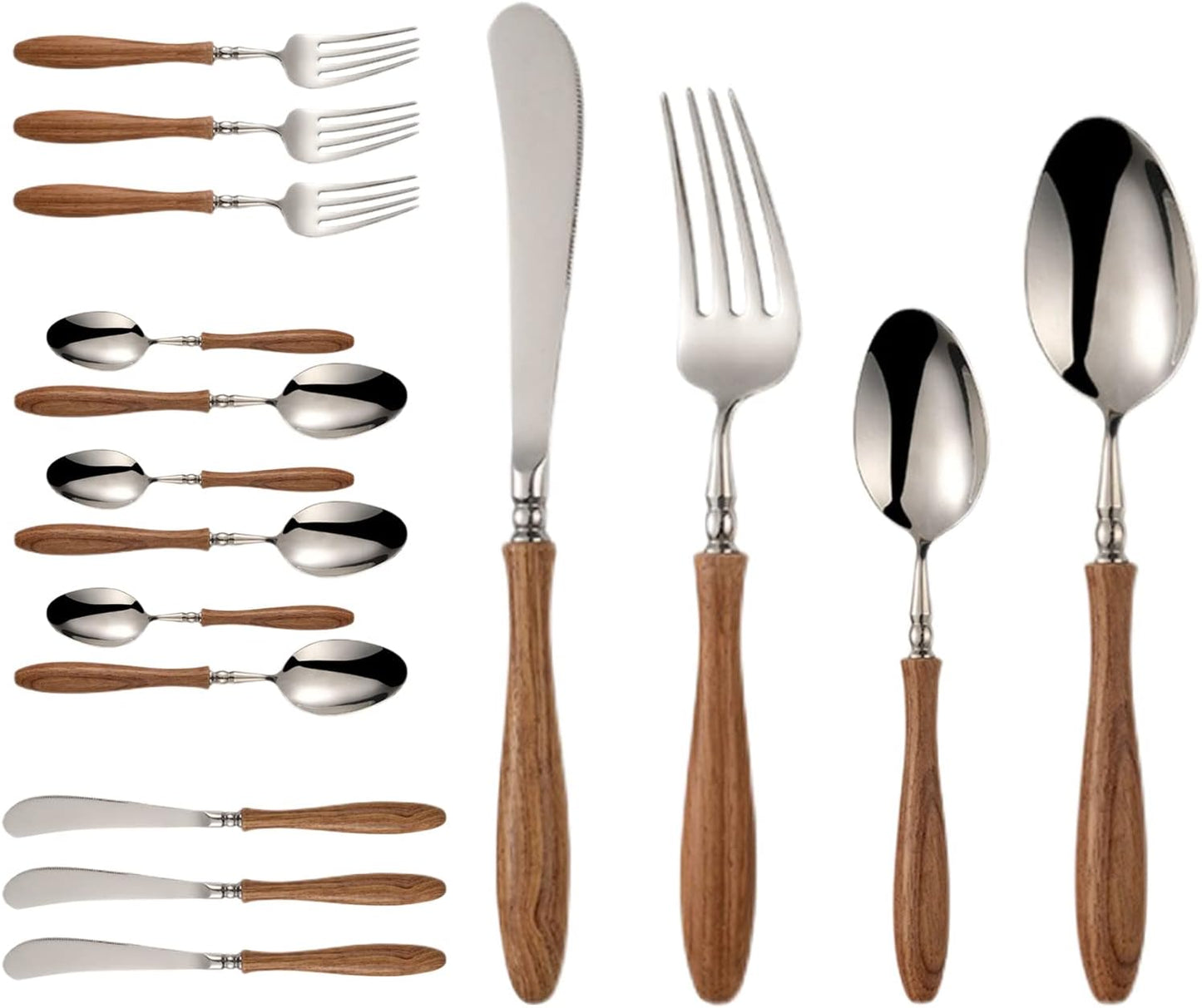 16 PCS Stainless Steel Flatware Set with Wood Handle, Family Cutlery Set for 4, Dinnerware Set with Spoon Fork Knife, PearWood Handle Silverware Utensils, Mirror Polished