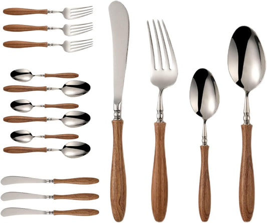 16 PCS Stainless Steel Flatware Set with Wood Handle, Family Cutlery Set for 4, Dinnerware Set with Spoon Fork Knife, PearWood Handle Silverware Utensils, Mirror Polished