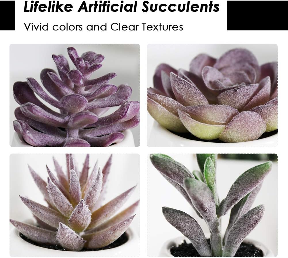 Tiita Purple Artificial Faux Succulents in Pots, Mini Purple Fake Plants for Women Desk, Small Realistic Faux Succulents for Home Office Accessories Window Sill Bathroom Bedroom 4 Set