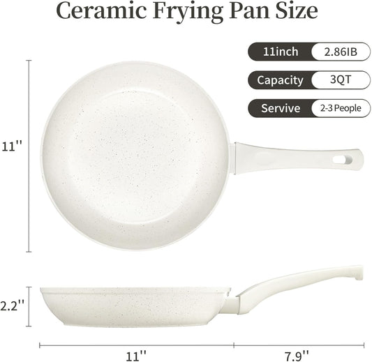 Ceramic Non Stick Frying Pan - Non Stick Skillet Frying Pans, Safe&No Toxic Egg Omelette Frying Pan, Large Nonstick Cookware Chef's Pan, Induction Compatible, PFOA&PFAS Free(11inch, White)