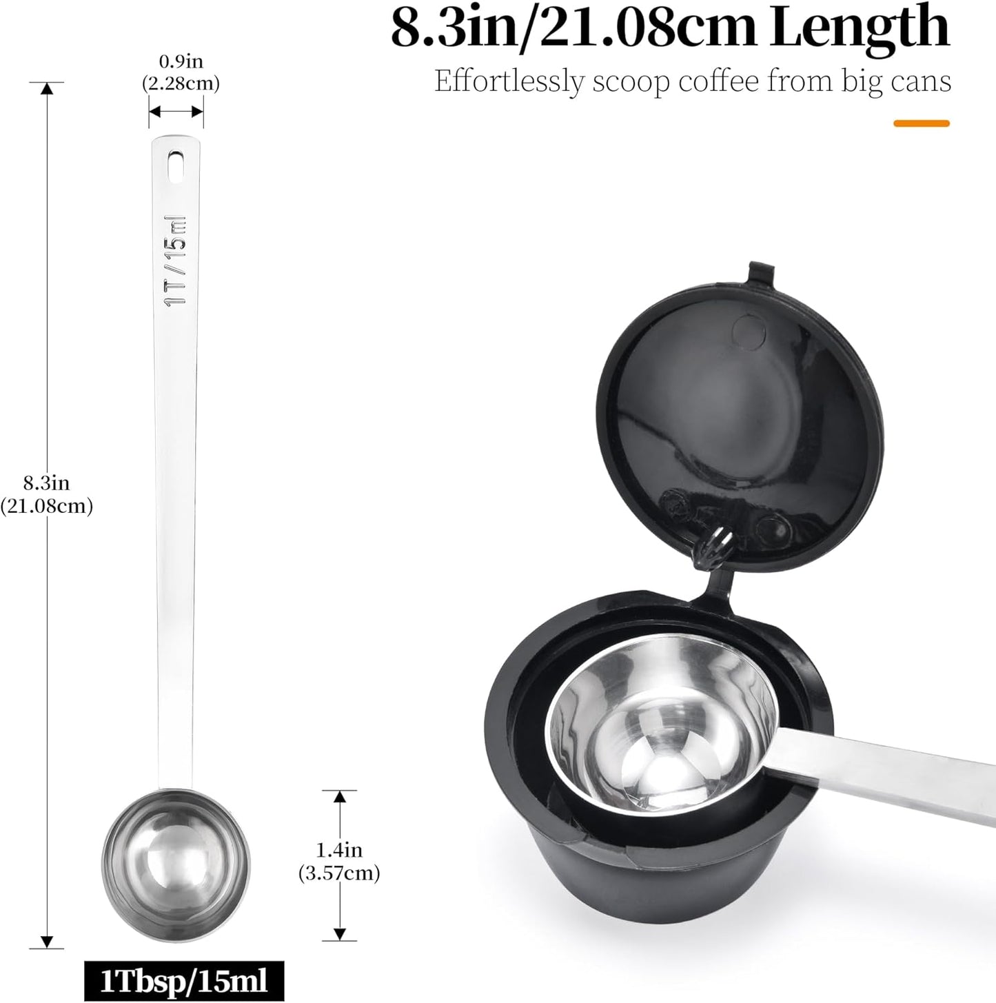 Long Handle Coffee Scoop: 8.3 Inch 18/8 Stainless Steel 1 Tablespoon Metal Measuring Spoon Tbsp Scoop for Coffee Beans, Grounds Coffee, Coffee Powder, Tea, Tall Jars (1Tbsp/15ml)