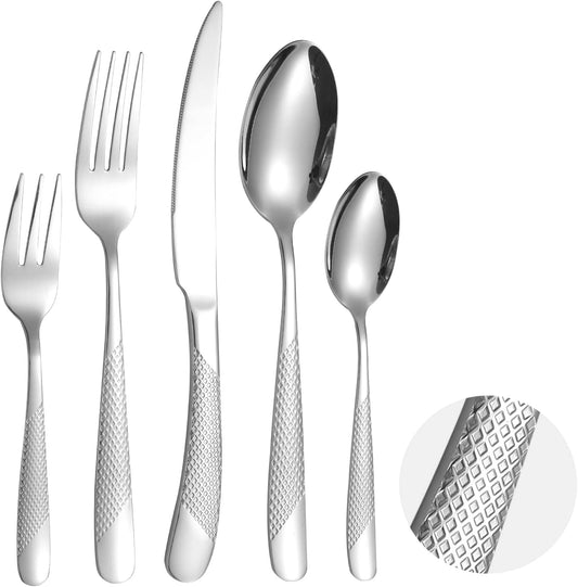Modern Silverware Hammered 20 Piece Stainless Steel Flatware Set for 4 include Forks Spoons Kinves Kitchen Eating Utensils Mirror Polished Durable Festival Parties and Everyday Use