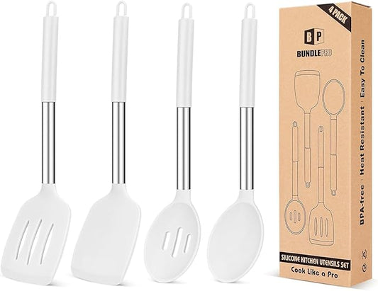 Pack of 4 Silicone Cooking Utensils Set, Non Stick Large Solid Spatulas, Heat Resistant Slotted Spoons, Ideal BPA Free Kitchen Turners for Frying, Mixing,Serving,Draining,Turning,Stirring (WHITE)
