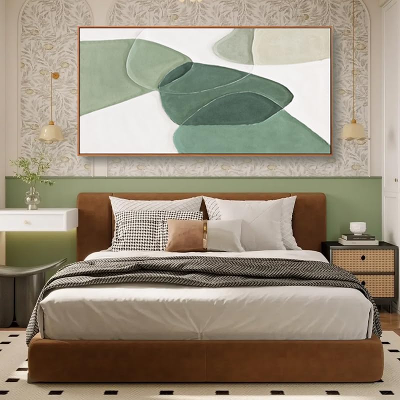 Modern Wall Art Large Geometric Green And White Geometric Color Block Line Art Painting Artwork Canvas Simple Picture Textured Artwork Framed For Living Room Bedroom Office Home Decor 29"X 58"