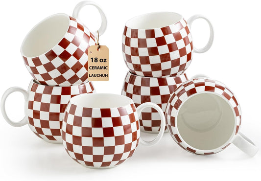 LAUCHUH Porcelain Coffee Mugs - 18 Ounce Large Mug Set of 6 Coffee Cups with Handle for Thanksgiving, Tea Latte Cappuccino Milk Cocoa, Dishwasher & Microwave Safe, Brown and White