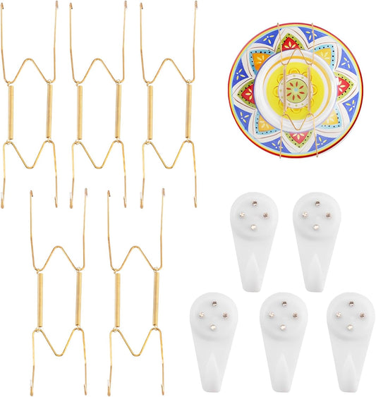 5 Pack Plate Hangers for The Wall Suitable for 8-10 inch Small Decorative Plate, Invisible Stainless Steel Plate Hangers for Display with Wall Hooks, for Plates/Platter/Dish/Picture(Gold)