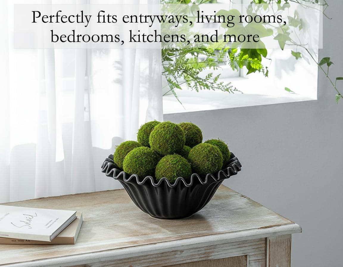 Large Decorative Bowl, Porcelain Fruit Bowl for Kitchen Counter HandCrafted Ruffle Flower Bowl for Home Decor Stylish Fluted Dish for Party, Black (10 inch) Halloween