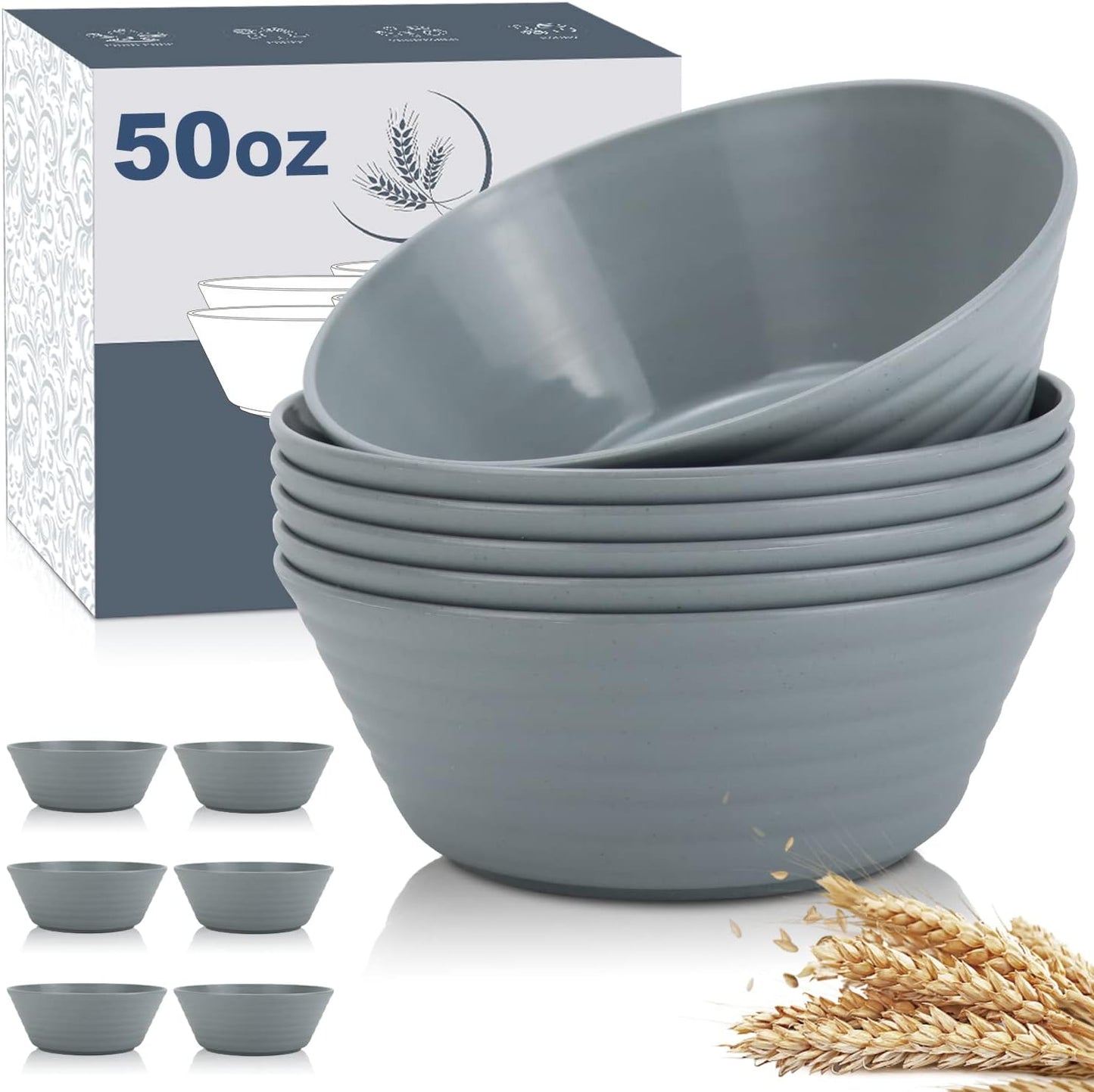 Wrova Wheat Straw Bowl Sets,6 PCS Unbreakable Cereal Bowl 50 OZ,Microwave and Dishwasher Safe Bowls,Super Big Bowl Sets BPA Free Bowl for Serving Cereal,Oatmeal and Salad (Pure Gray)