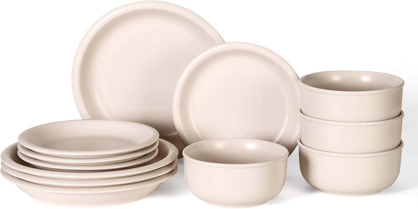GZG Vintage Series - Ceramic Dinnerware Set for 4, 12 Pieces Stoneware Plates and Bowls Set, Lead-Free, Handcrafted Dishes Set, Microwave & Dishwasher Safe - Cream White