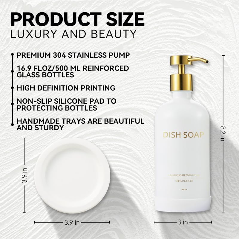 Glass Soap Dispenser Set by Janxin,Bathroom Soap Dispenser Set with Ceramic Tray,Luxury Bathroom Accessories,Modern Kitchen Decor (White+Gold(Dish Soap))