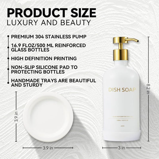 Glass Soap Dispenser Set by Janxin,Bathroom Soap Dispenser Set with Ceramic Tray,Luxury Bathroom Accessories,Modern Kitchen Decor (White+Gold(Dish Soap))