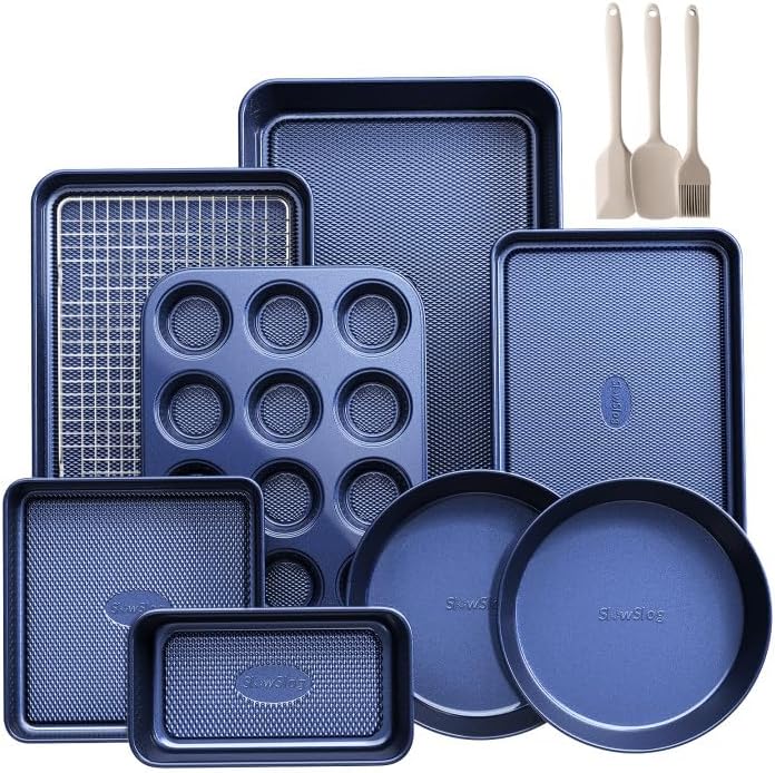 12-Piece Oven Safe Nonstick Bakeware Set with Baking Pan, Cake Pan, Muffin Pan, Loaf Pan, Square Pan, Roasting Pan, Cookie Pan, Cooling Rack & Utensils - Ceramic Coated Blue