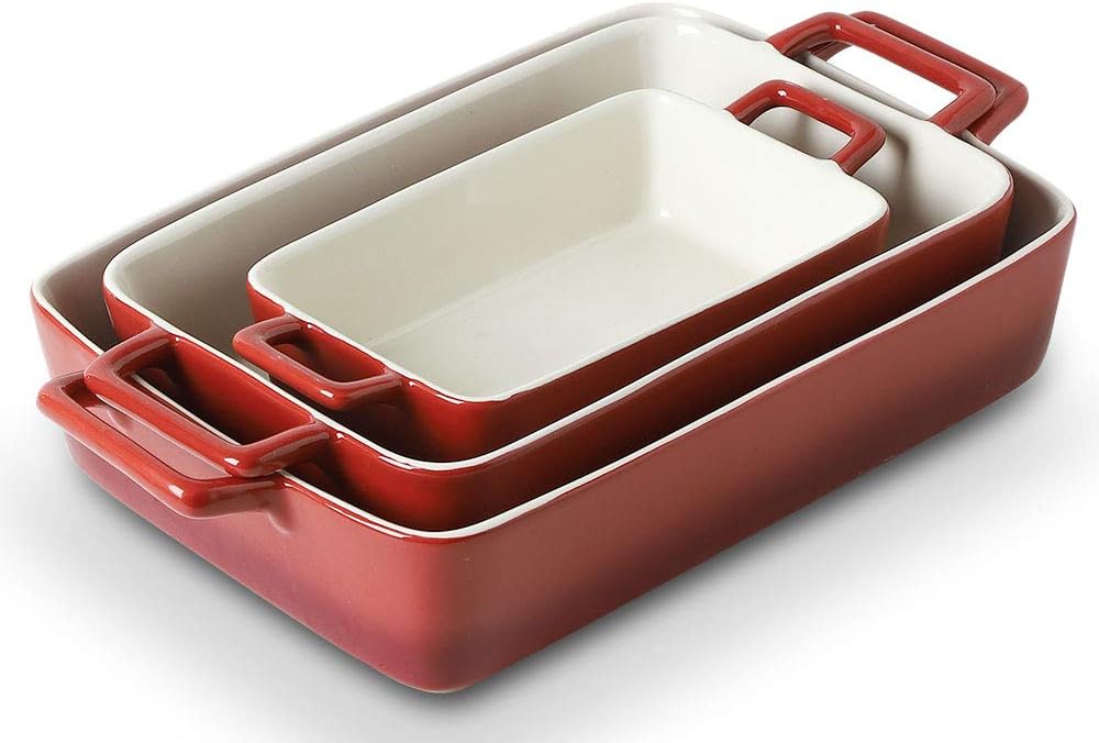 Bakeware Set, Ceramic Baking Dish, Rectangular Baking Pans Set, Casserole Dish for Cooking, Cake Dinner, Kitchen, Wrapping Upgrade, 12 x 8.5 Inches, 3-Piece (Gradient Red)